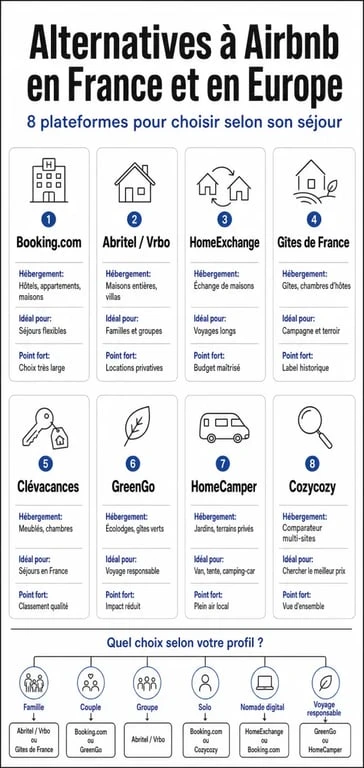 Infographie comparative des airbnb equivalent sites avec Booking.com, Abritel, HomeExchange, Gîtes de France et autres alternatives