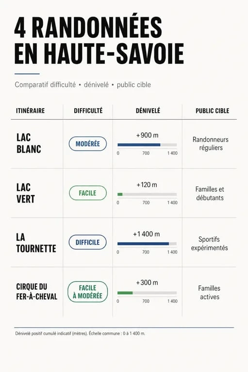 Tableau comparatif des plus belles randonnées en Haute-Savoie : difficulté, dénivelé et public cible pour chaque itinéraire.
