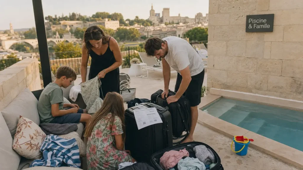 Hotel famille Avignon : famille sur terrasse, piscine et remparts