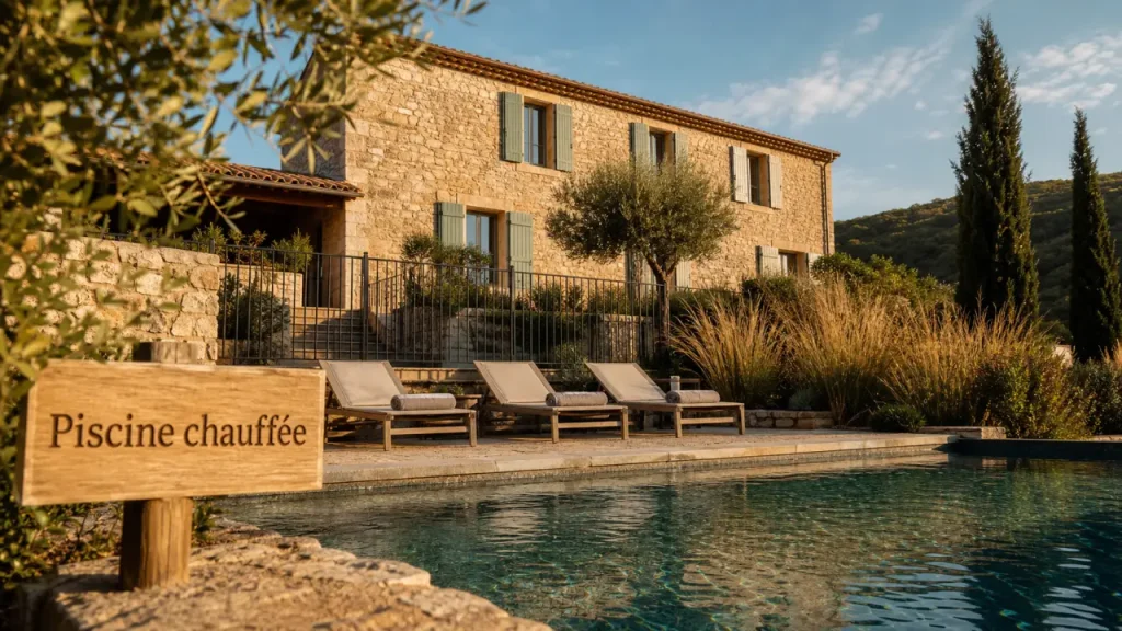 Location gîte en Ardèche avec piscine chauffée, terrasse et bassin rectangulaire