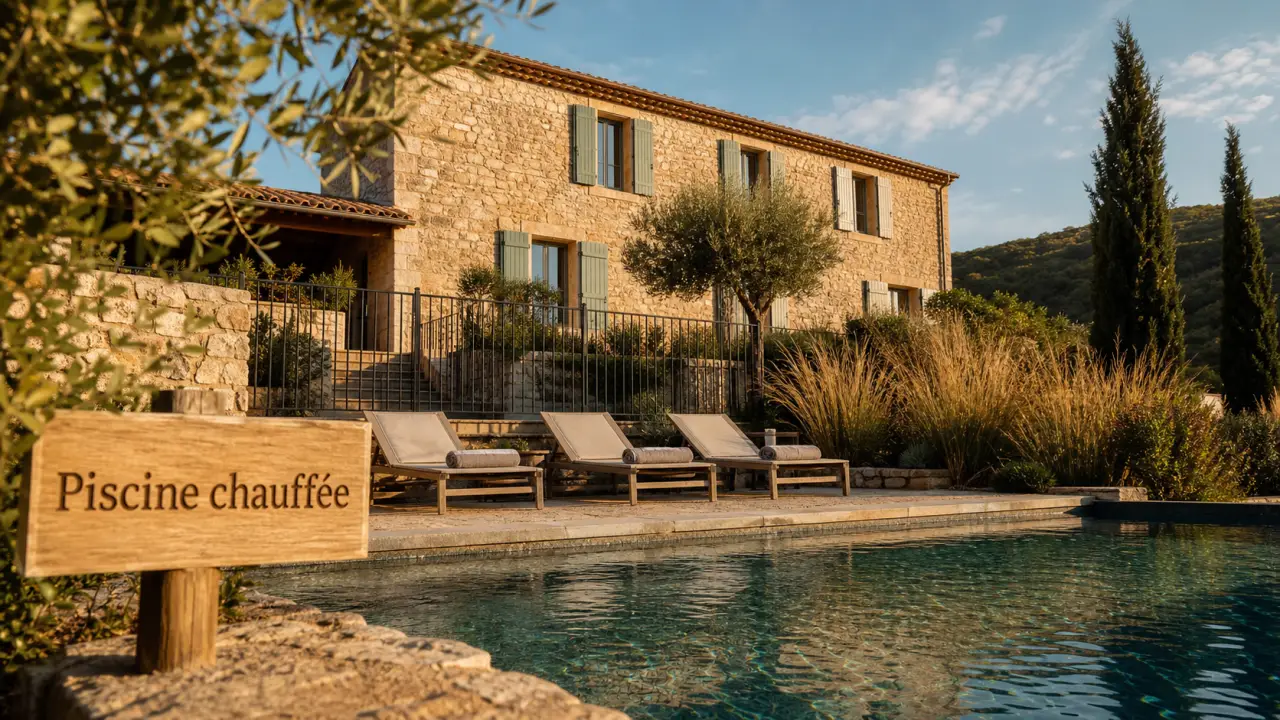 Location gîte en Ardèche avec piscine chauffée, terrasse et bassin rectangulaire