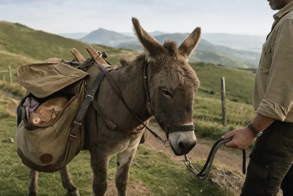 Randonnée en ane auvergne : âne de bât et sacoches sur un sentier
