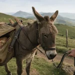Randonnée en ane auvergne : âne de bât et sacoches sur un sentier