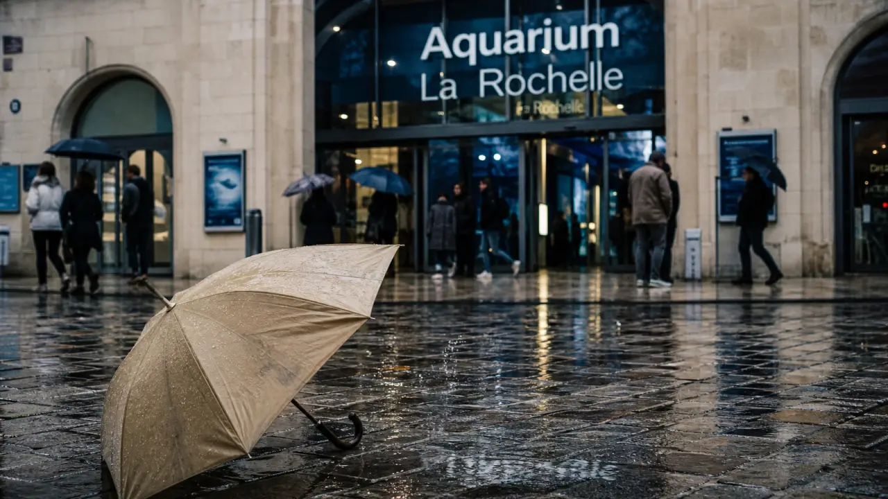 Aquarium La Rochelle quand il pleut, visiteurs sous la pluie