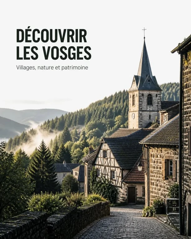 Les plus beaux villages Vosges, vue éditoriale d’un village de montagne et de ses paysages boisés