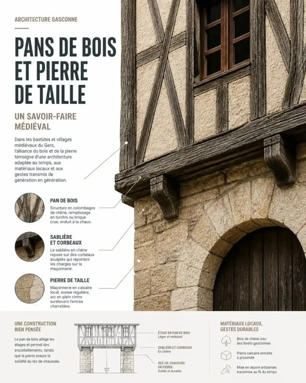 Détail architectural d'une maison à colombages dans un village médiéval des Landes