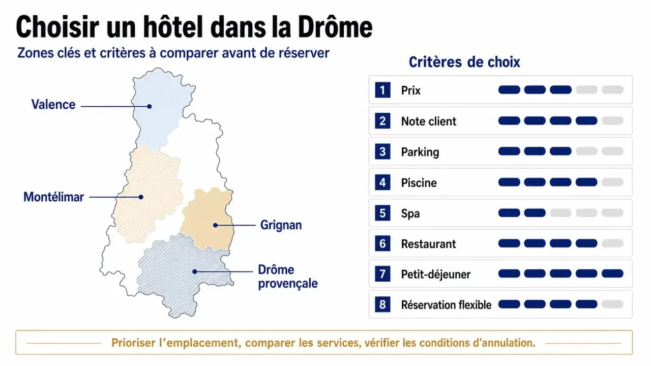 Hôtel drome : visuel comparatif des zones, des services et des critères pour réserver