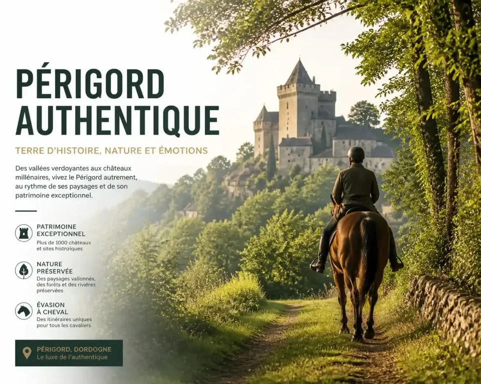 Randonnée équestre en Périgord sur un sentier forestier avec vue sur un château médiéval