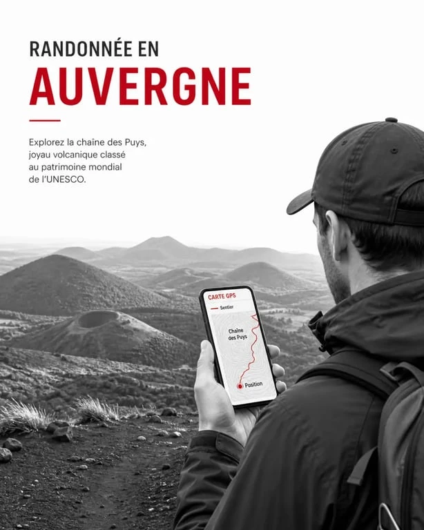 Application randonnée auvergne : randonneur utilisant le GPS sur smartphone sur un sentier volcanique en Auvergne