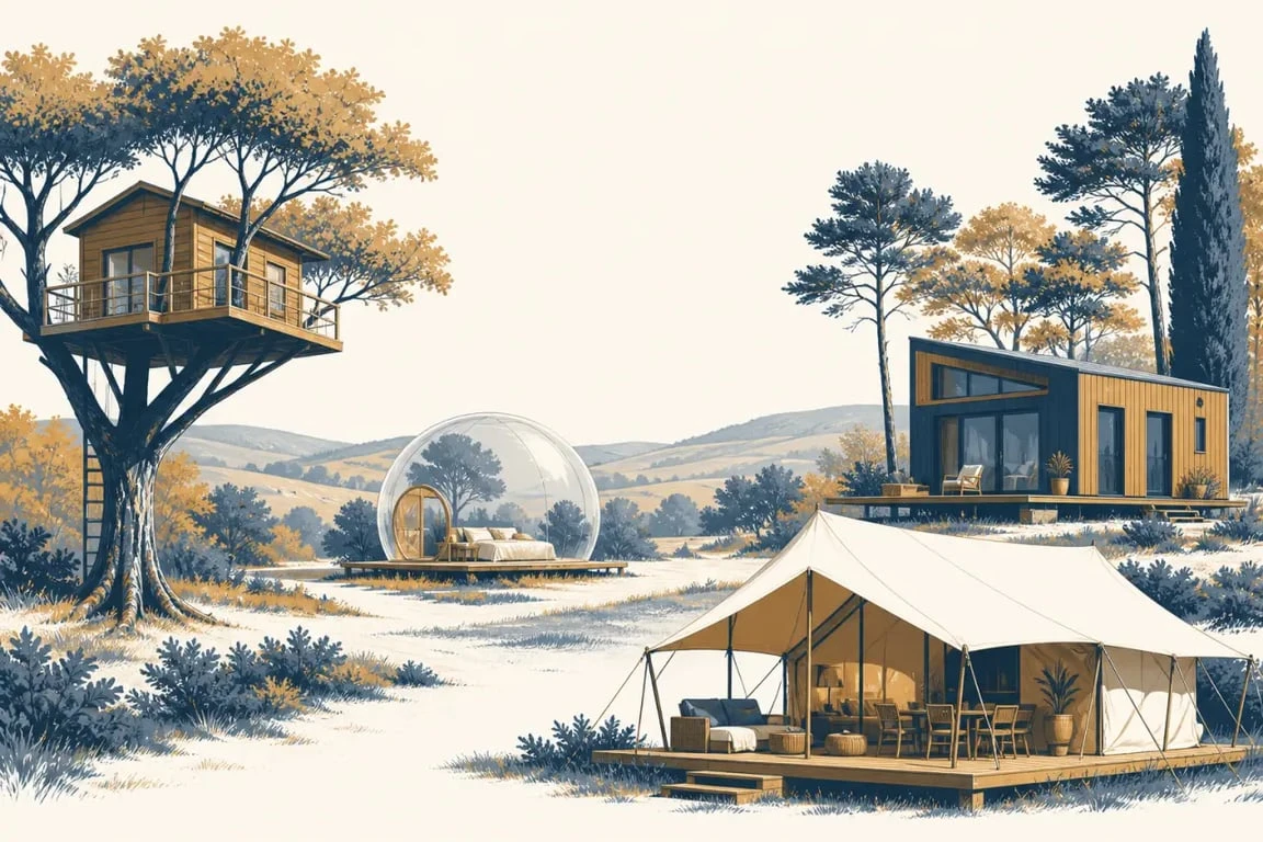 Logement insolite en France : cabane dans les arbres, bulle transparente, tiny house et tente lodge dans un paysage naturel
