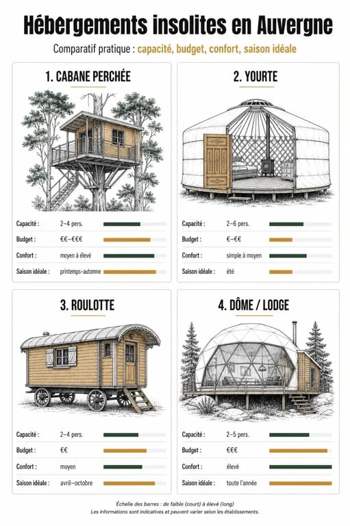 Comparatif d’hébergement insolite auvergne entre cabane, yourte, roulotte et dôme