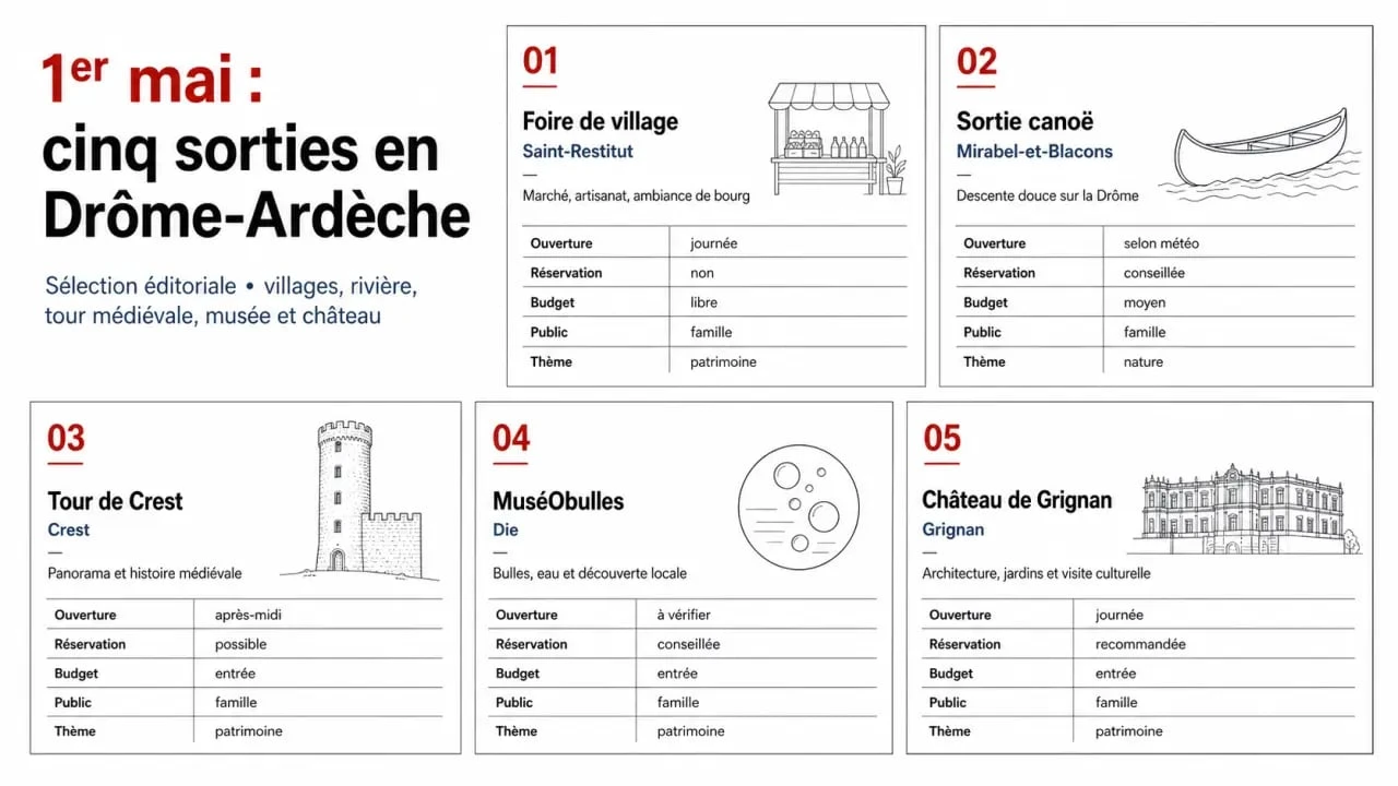 Que faire le 1er mai Drôme Ardèche : visuel éditorial des meilleures sorties nature, patrimoine, famille et foires