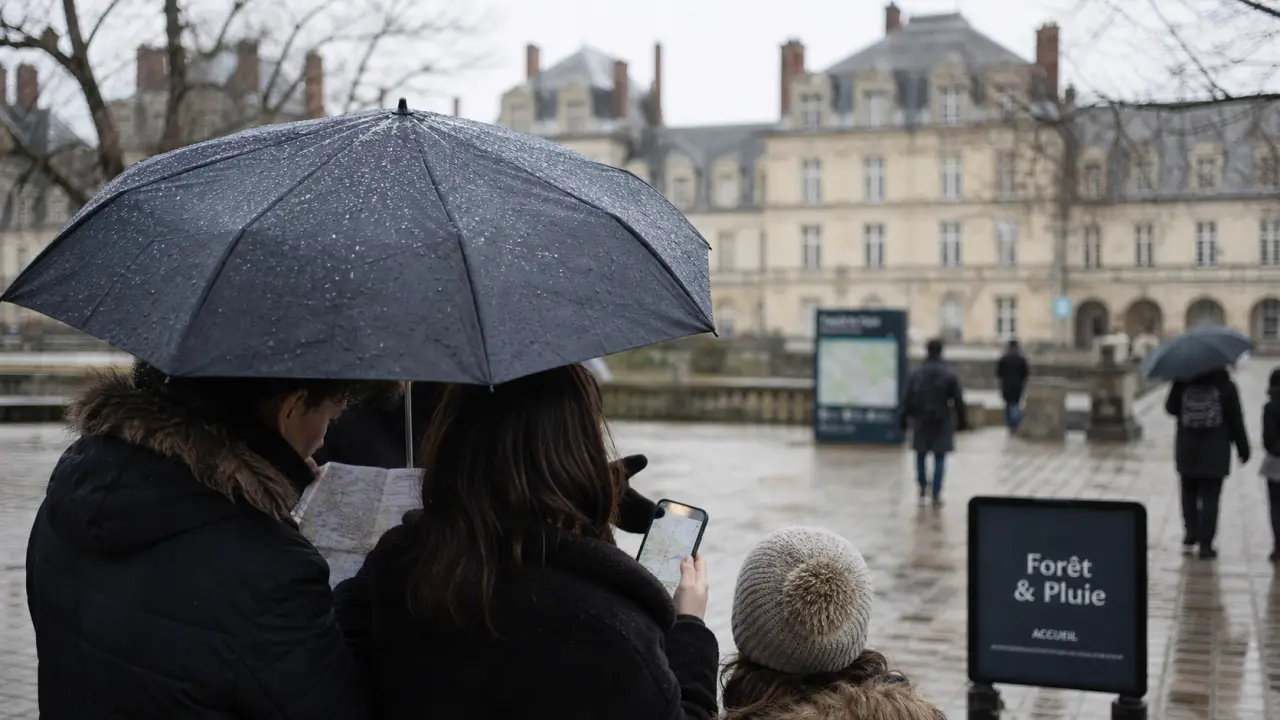 Fontainebleau activités : carte et pluie devant le château, forêt et escape game