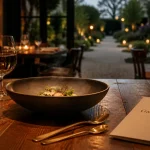 Hotel restaurant gastronomique : table raffinée, assiette fumante et salle élégante
