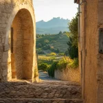 Séguret, les plus beaux villages autour de vaison-la-romaine, ruelle en calades au coucher du soleil