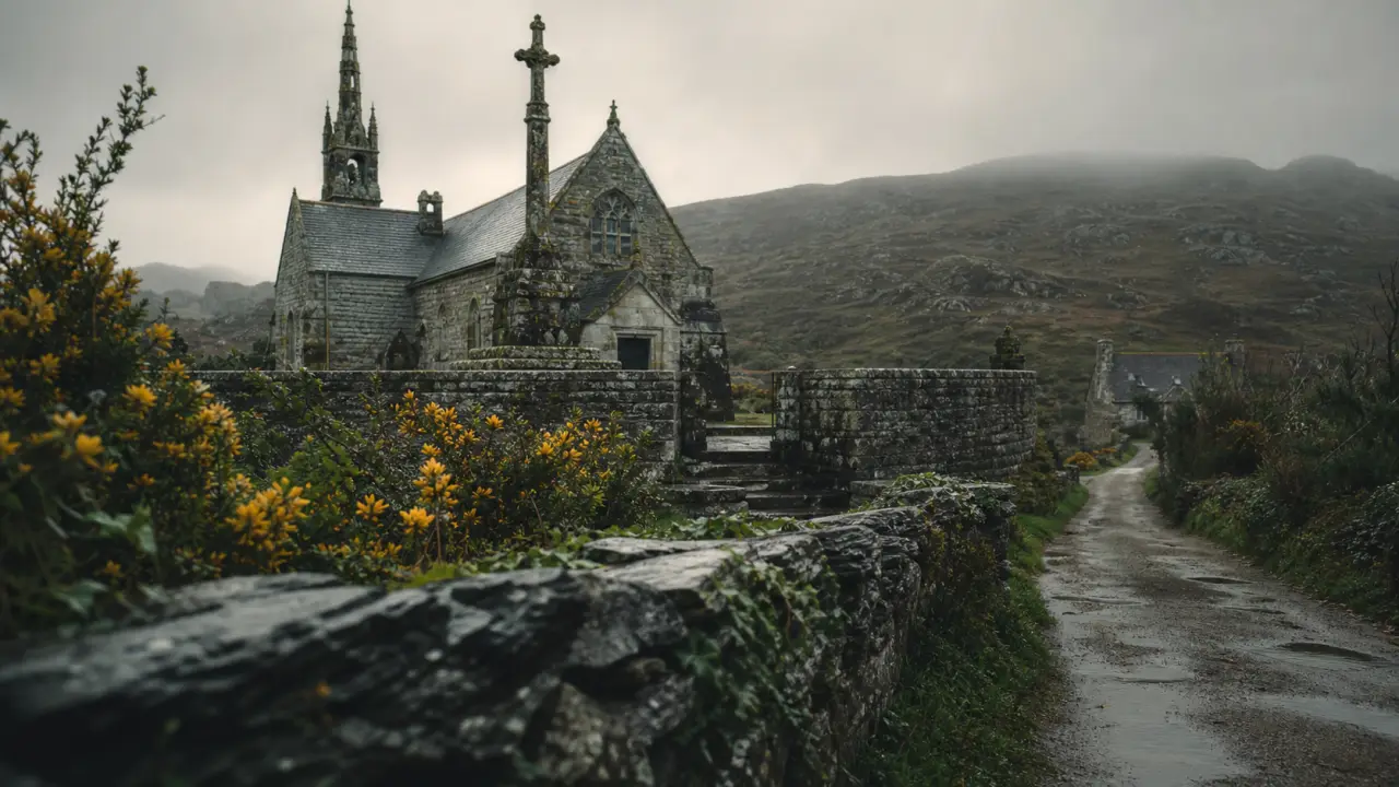 Les plus beaux villages des Monts d’Arrée : muret d’ardoise, église d’Huelgoat en brume