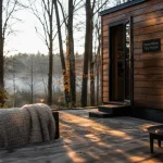 Parenthese tiny house en forêt d’Orléans, terrasse avec braséro et brume