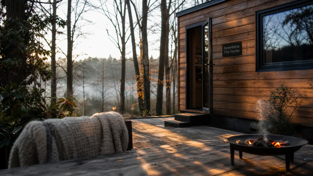 Parenthese tiny house en forêt d’Orléans, terrasse avec braséro et brume