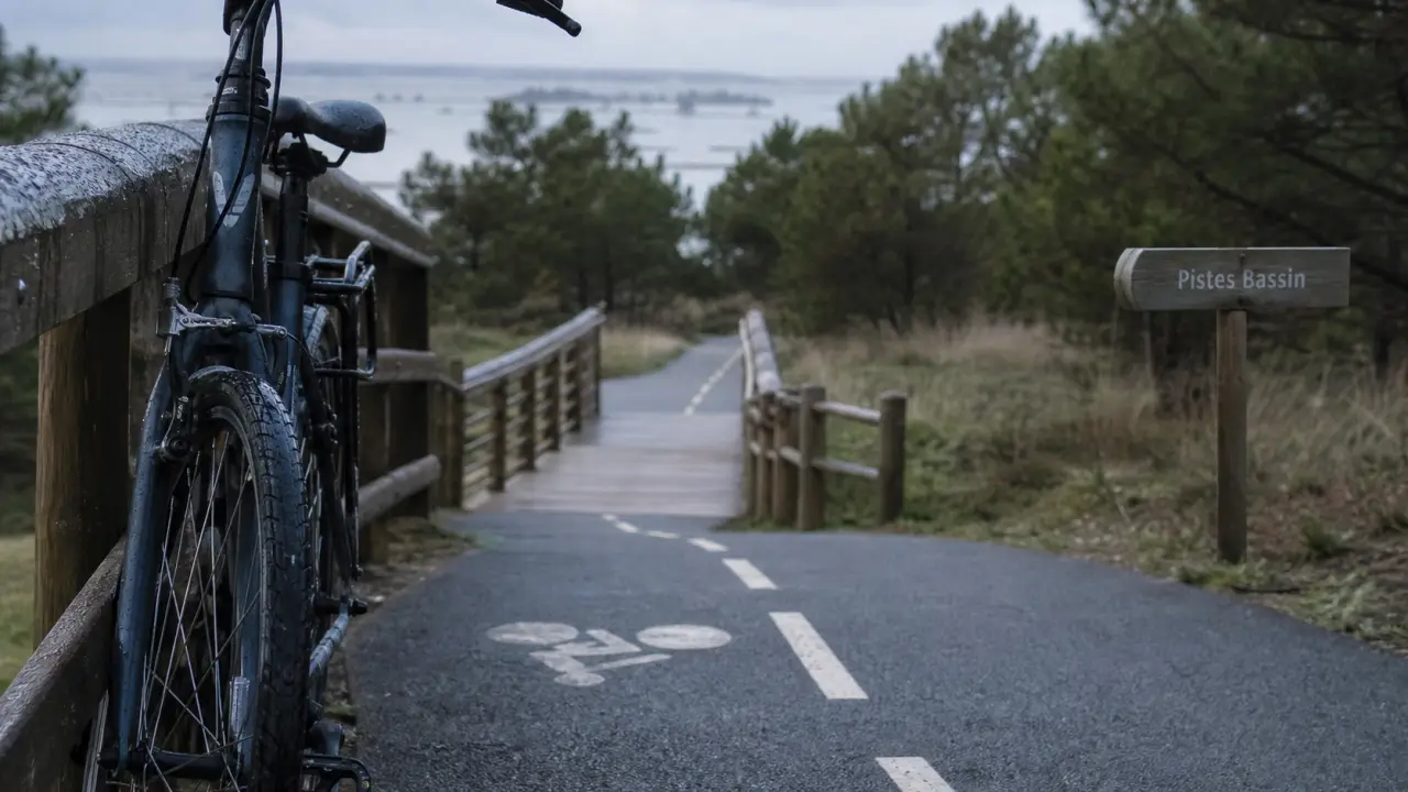 Piste cyclable bassin arcachon entre pinèdes et dunes, vers le Bassin