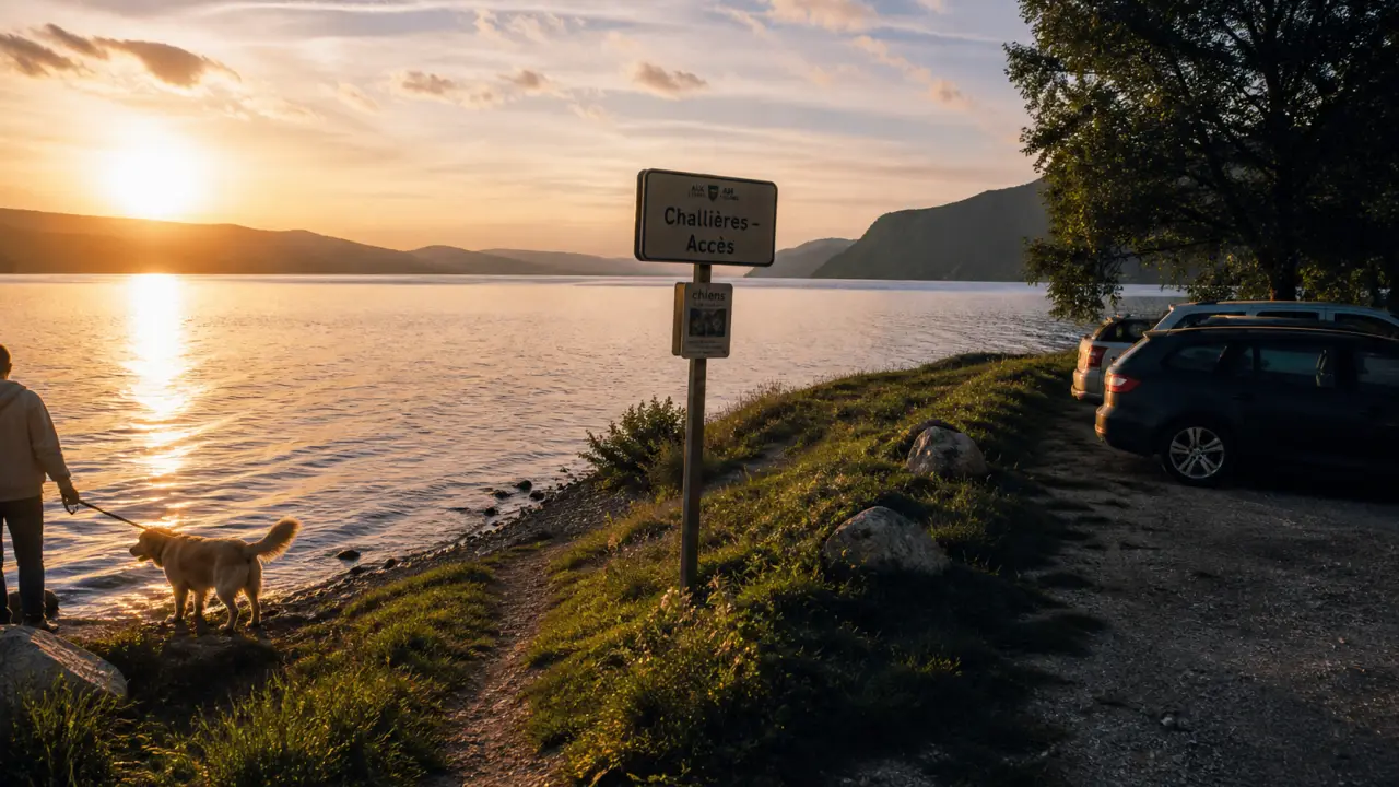 Plage de Challières : accès D991, chien en laisse au bord du lac du Bourget