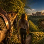Randonnée équestre périgord : cheval sur sentier vers château médiéval