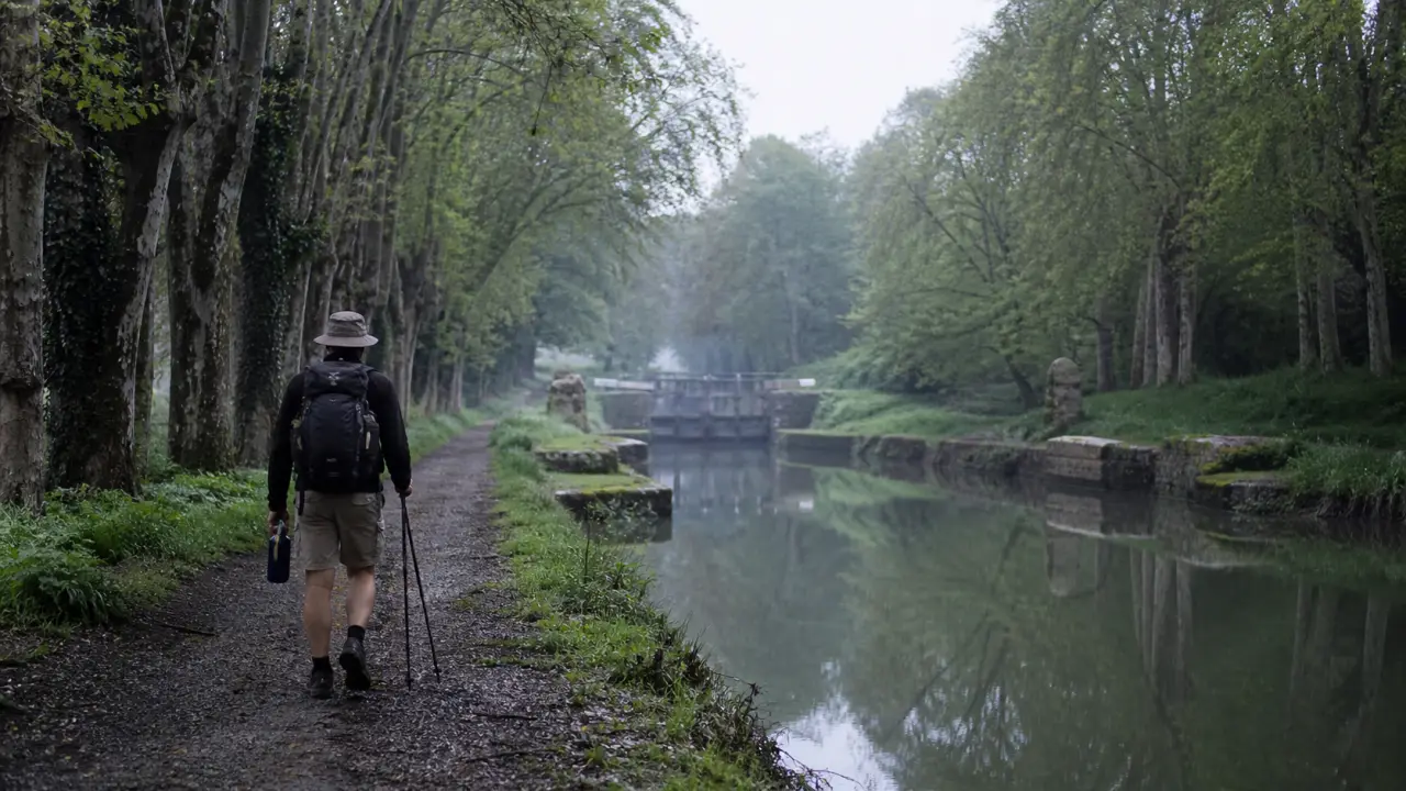Randonnée près de Toulouse au Canal du Midi, chemin et randonneur à Castanet-Tolosan