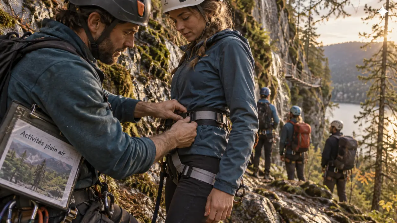 Activités plein air : guide ajuste un baudrier avant le parcours aérien