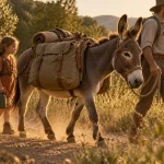 Balade à dos d’âne en famille : enfants suivent l’âne sur un chemin