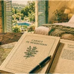 Chambres d hôtes lot : carnet et infos sur une table, jardin et piscine