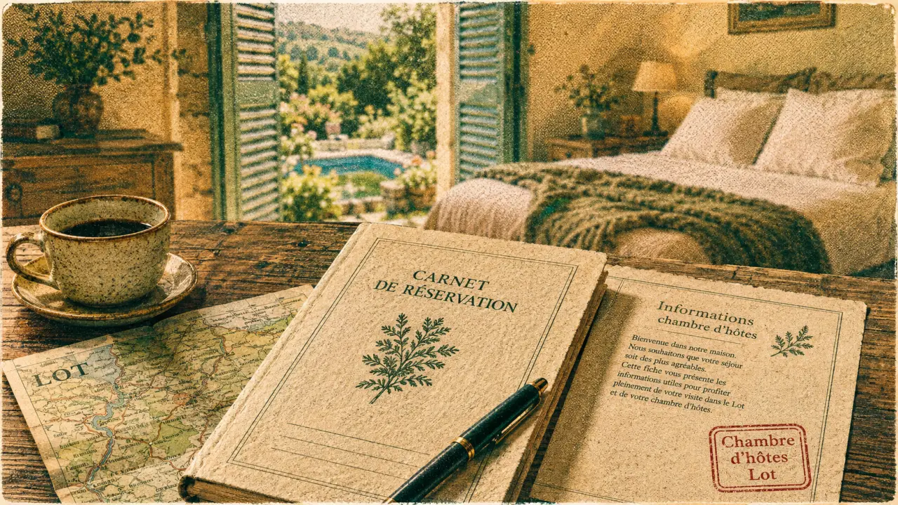 Chambres d hôtes lot : carnet et infos sur une table, jardin et piscine