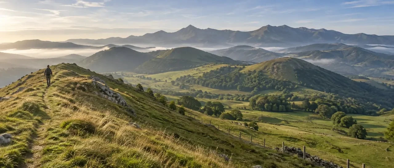 Grand tour des volcans d’Auvergne sur un sentier entre crêtes et pâturages