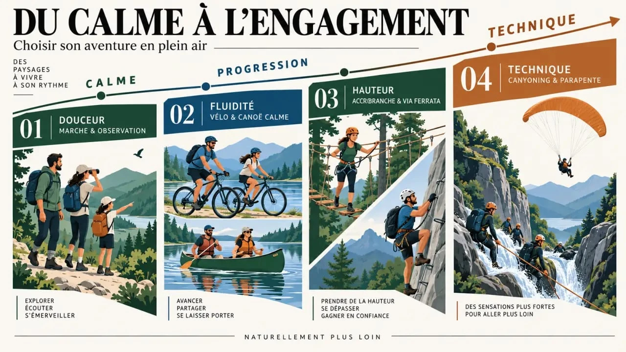 Activités plein air classées de la balade calme à l’aventure technique selon le niveau et le contexte du groupe