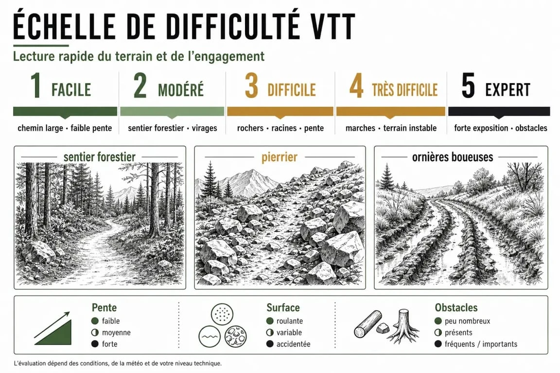 Infographie des niveaux de difficulté pour une randonnée VTT en Île-de-France