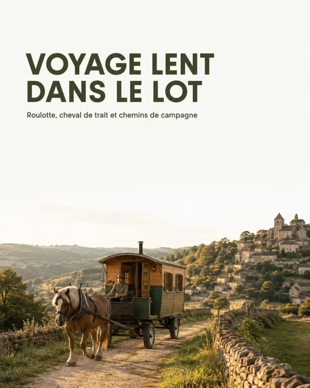 Vacances en roulotte avec cheval dans le Lot : roulotte attelée traversant la campagne lotoise