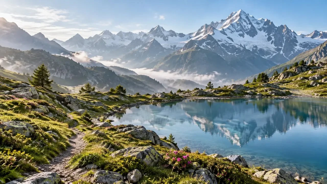 Paysage de montagne parmi les plus belles régions de France, avec lac alpin et alpages