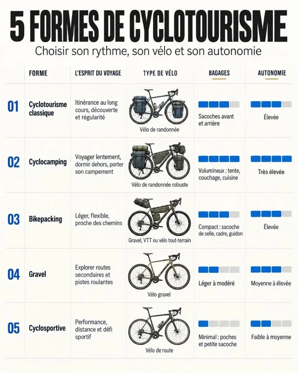 Infographie des différentes formes de cyclotourisme et de leurs équipements