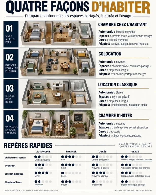 Infographie comparative des chambres chez l’habitant, de la colocation et de la location classique