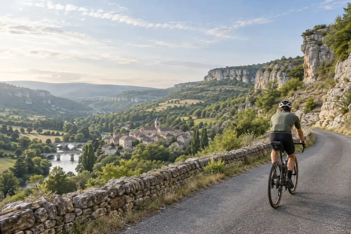 Rando vélo Aveyron entre plateau calcaire, vallée et village de pierre