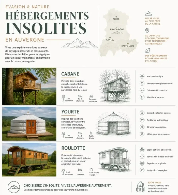 Comparatif des types d'hébergements insolites en Auvergne