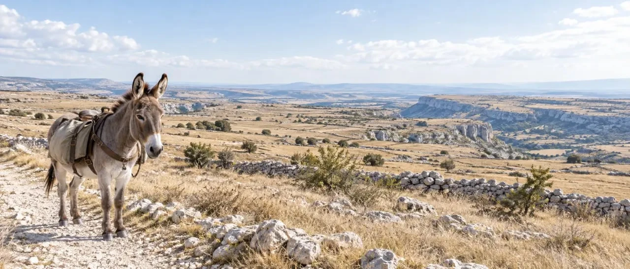 Paysage du Larzac pour une rando âne Aveyron itinérante