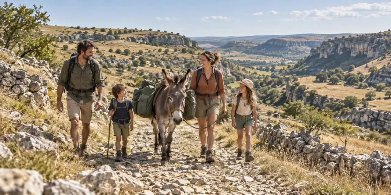 Rando âne Aveyron en famille sur un sentier des Grands Causses