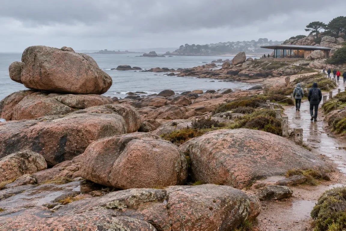 Que faire à Perros-Guirec quand il pleut : vue de la Côte de Granit Rose sous la pluie