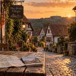Hunspach, plus beaux villages de france vosges, ruelle à colombages au coucher du soleil