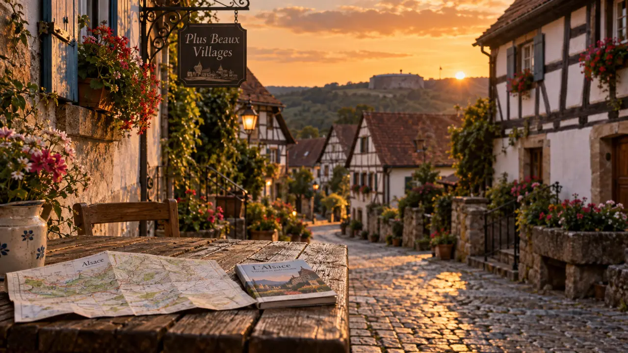 Hunspach, plus beaux villages de france vosges, ruelle à colombages au coucher du soleil