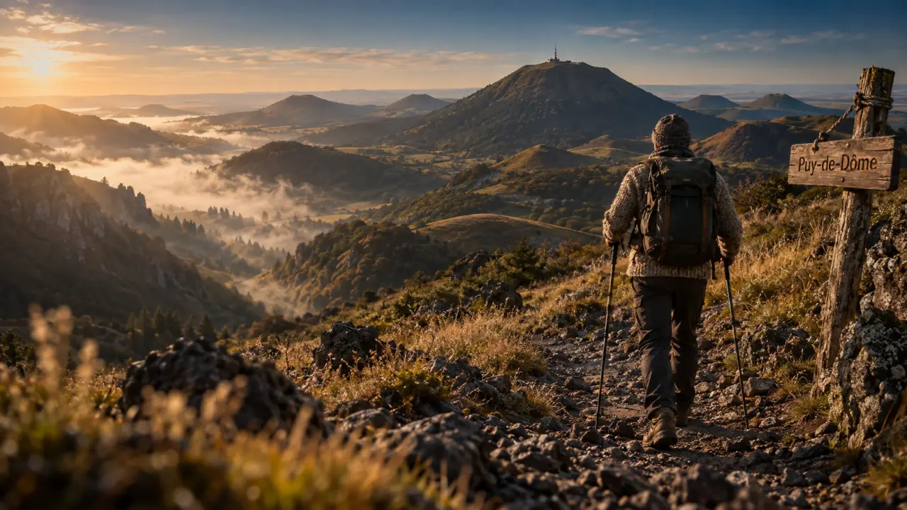 Randonnées volcans d auvergne vers le Puy-de-Dôme, marcheur sur sentier