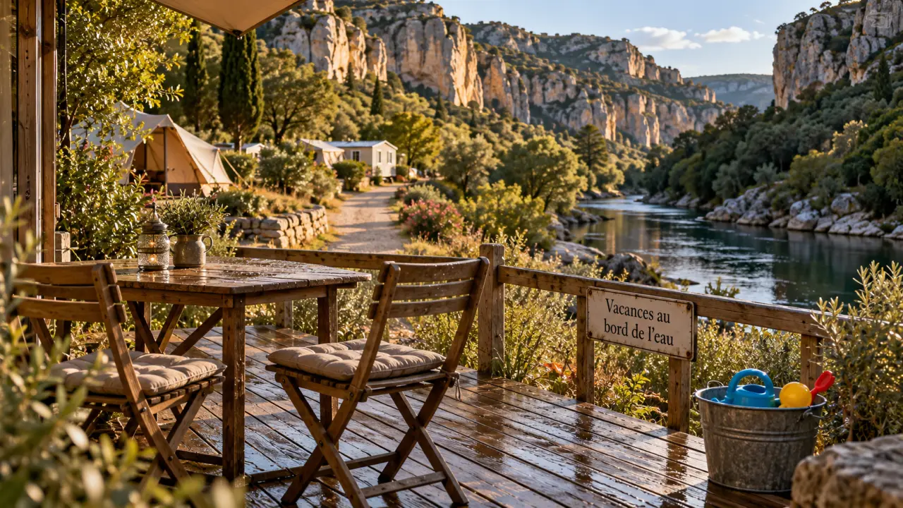 Camping autour de l Aveyron au bord de la rivière, terrasse et mobil-homes