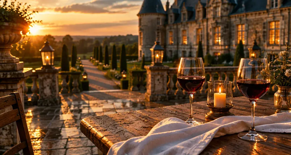 Dormir dans un chateau : terrasse devant un château au coucher du soleil