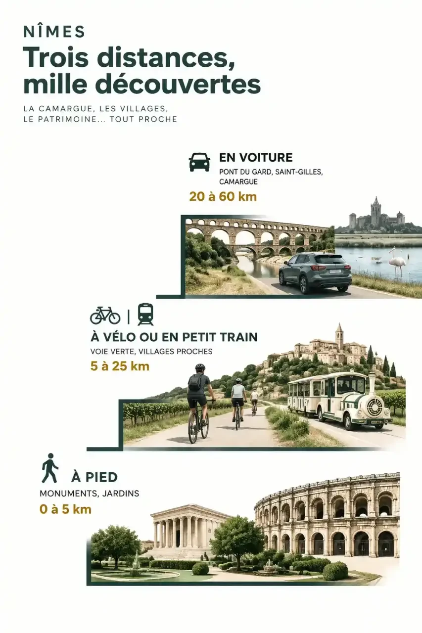 Schéma des distances pour organiser son tourisme à Nîmes et alentours : à pied, à vélo, en voiture