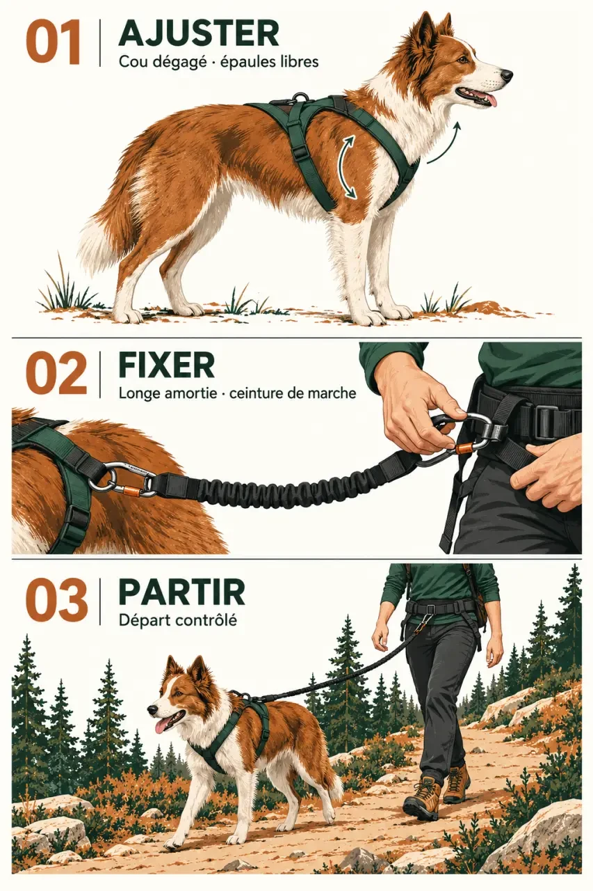 Étapes de préparation de l’équipement pour une cani-randonnée avec harnais et longe amortie
