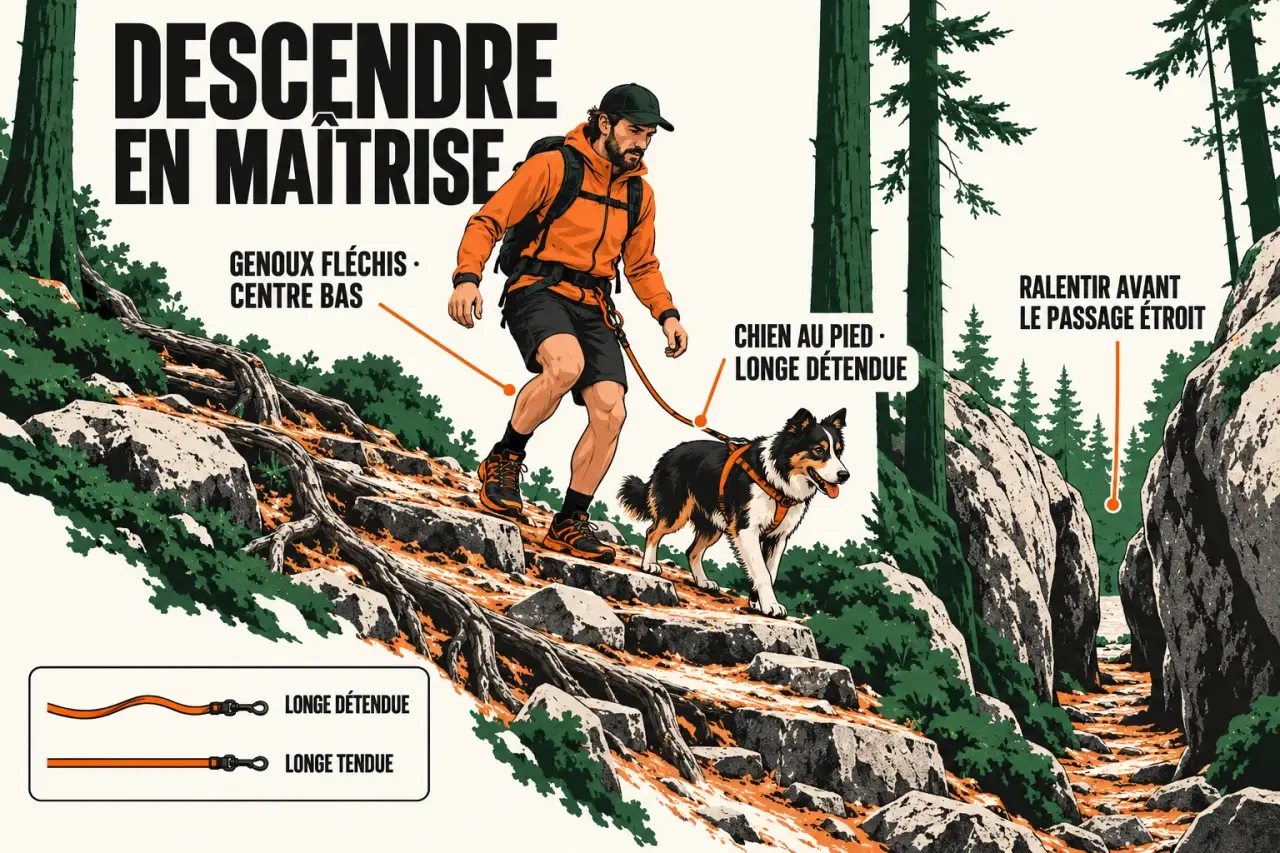 Posture sécurisée du marcheur et gestion du chien en descente pendant une cani-randonnée